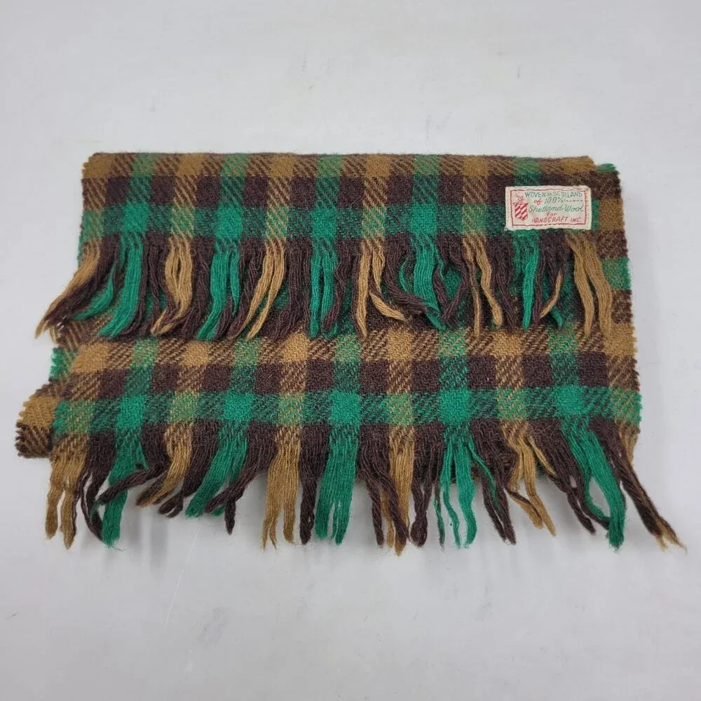 VINTAGE Scarf Shetland Wool Woven Scotland 54" X 10" Green Brown Tartan Fringe - Picture 3 of 5